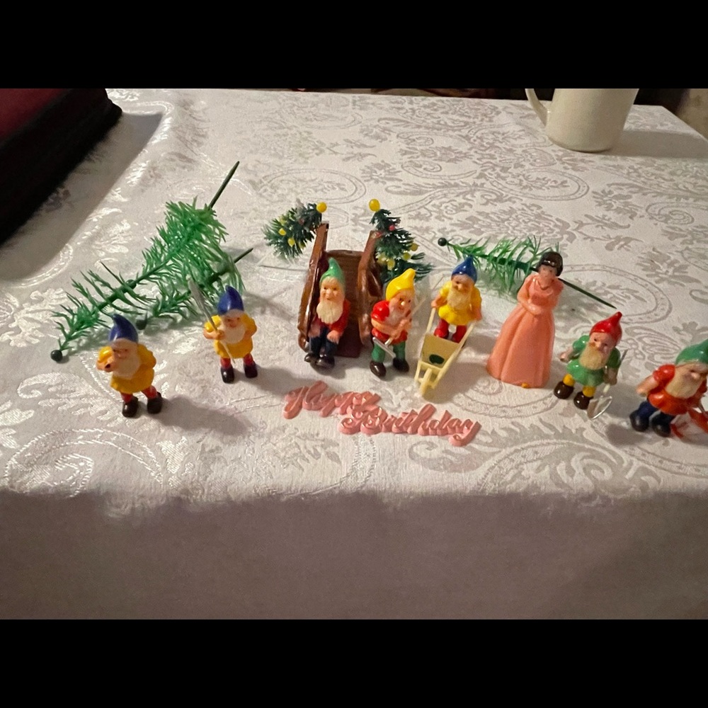Vintage Snow White & 7 Dwarfs, bridge, trees Happy Birthday Cake Toppers